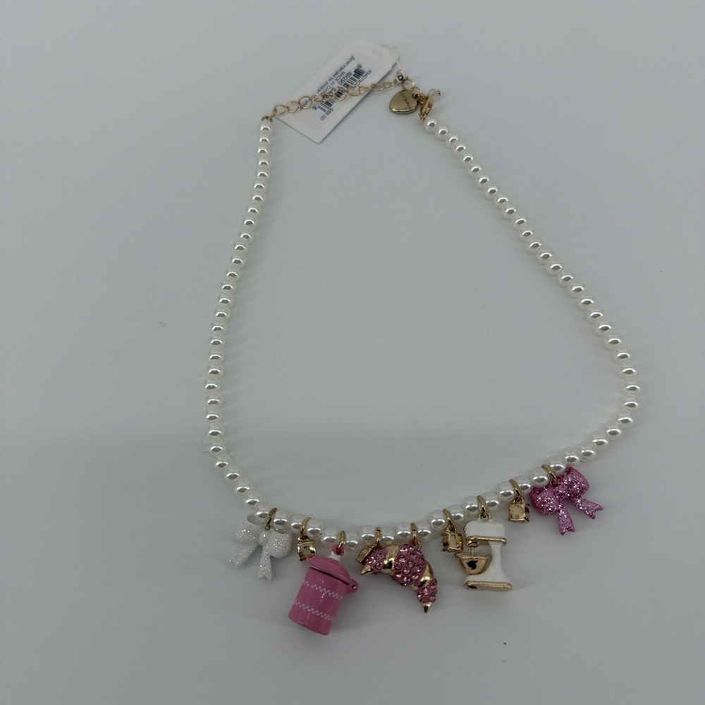 Betsey‎ Johnson Faux Pearl Baking Themed Necklace w/ Rhinestones Pink Charms NWT